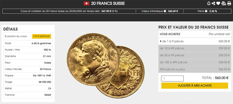Fiche d'achat d'une pièce de 20 francs suisse en Or sur le site achat-or-et-argent.fr