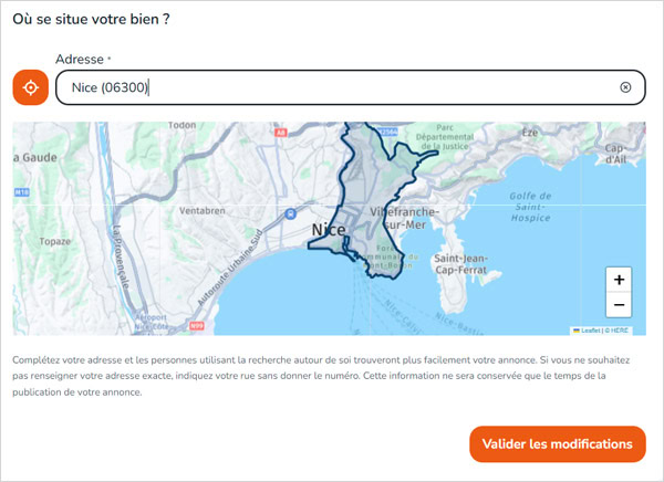 Fenêtre permettant de choisir l'adresse de l'objet mis en vente