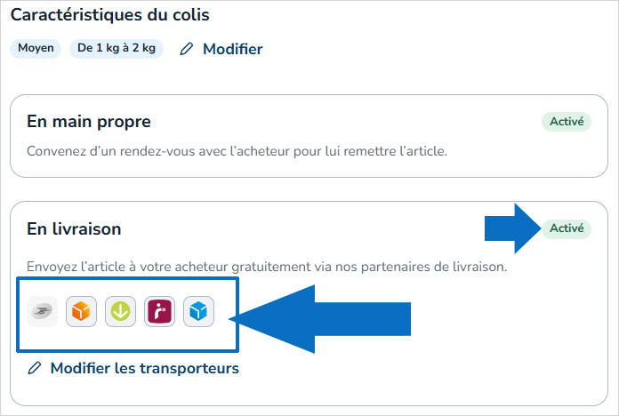 Choix d'activer ou non la livraison et choix du transporteur sur Leboncoin