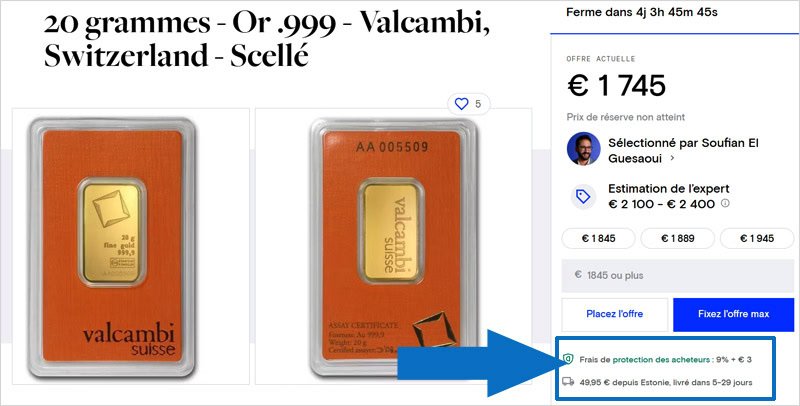 Frais annexe à l'achat d'or sur Catawiki