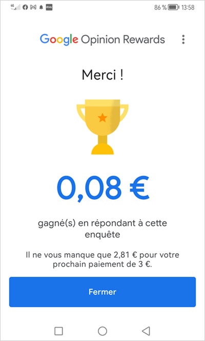 Récompense en euros pour la réponse d'une enquete Google Rewards